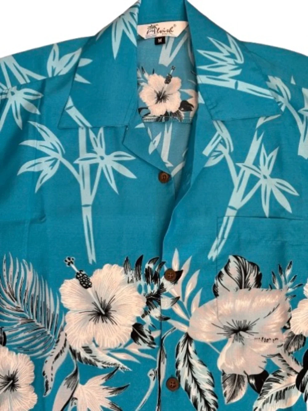 Alvish Turquoise Hawaiian Aloha Camp Shirt Men’s Medium Floral Bamboo Print